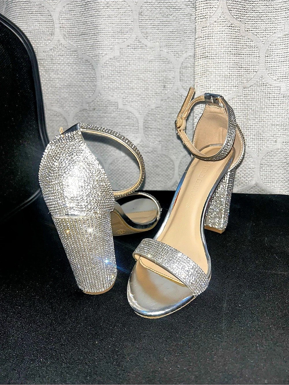 Rhinestone Ankle Strap Heels Silver